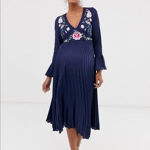 ASOS DESIGN Maternity embroidered pleated midi dress with lace inserts in navy